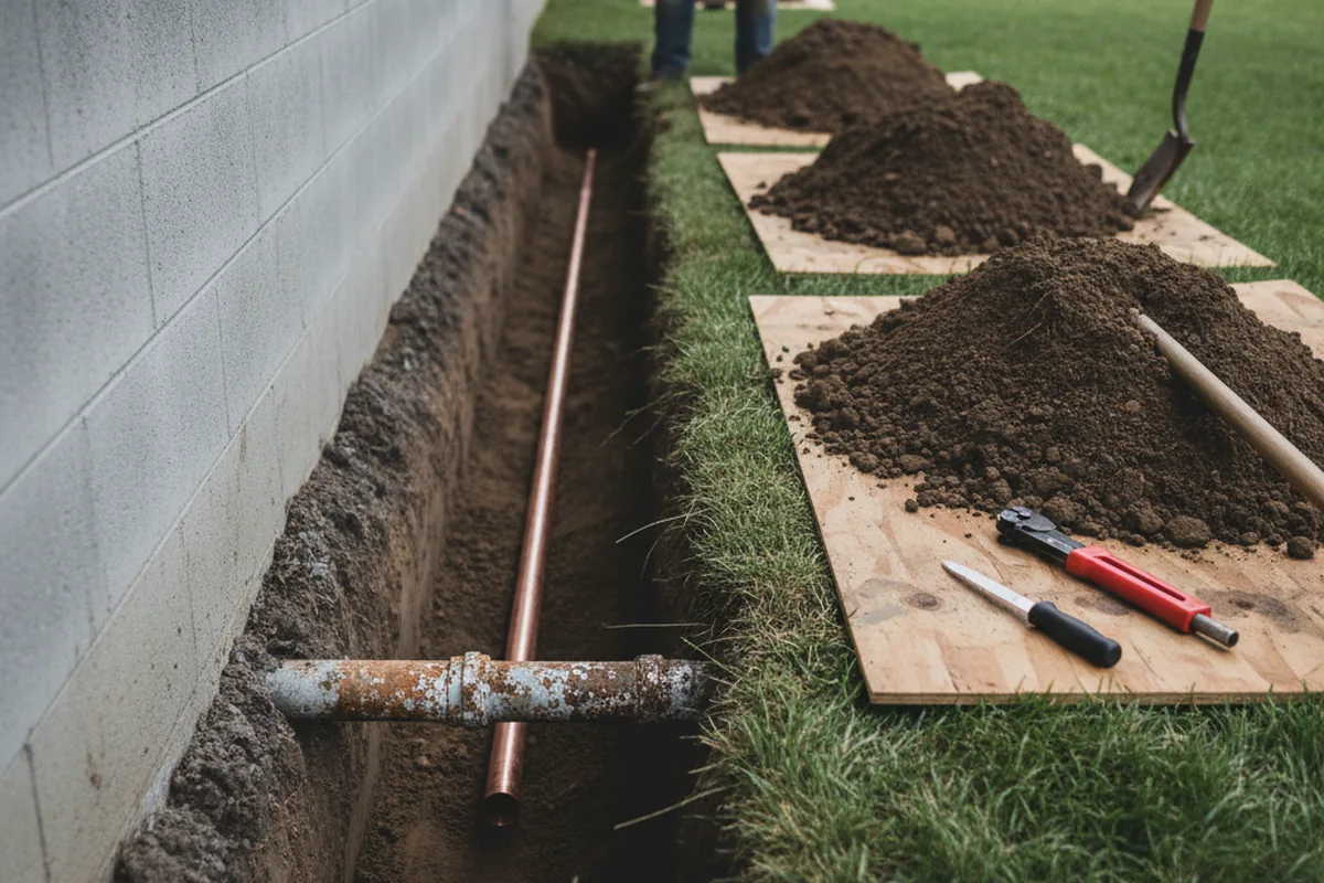 Excavated water line trench during Sewer Line Repair in Estell Manor